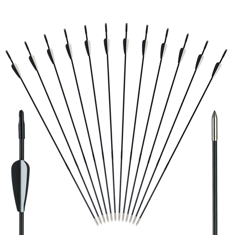 12x 31" Skinny Slim OD 6mm Spine 1000 Black Fiberglass Archery Arrows Fixed Tips Over Nocks