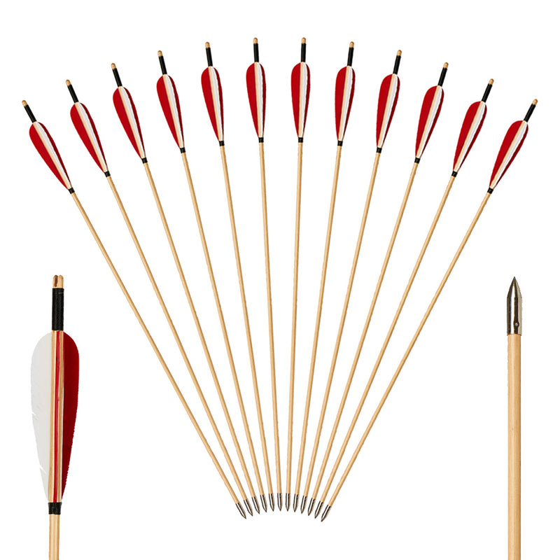 12x 31.5" 8.5mm Parabolic Red/White Feather Fletched Wood Archery Arrows with Field Points