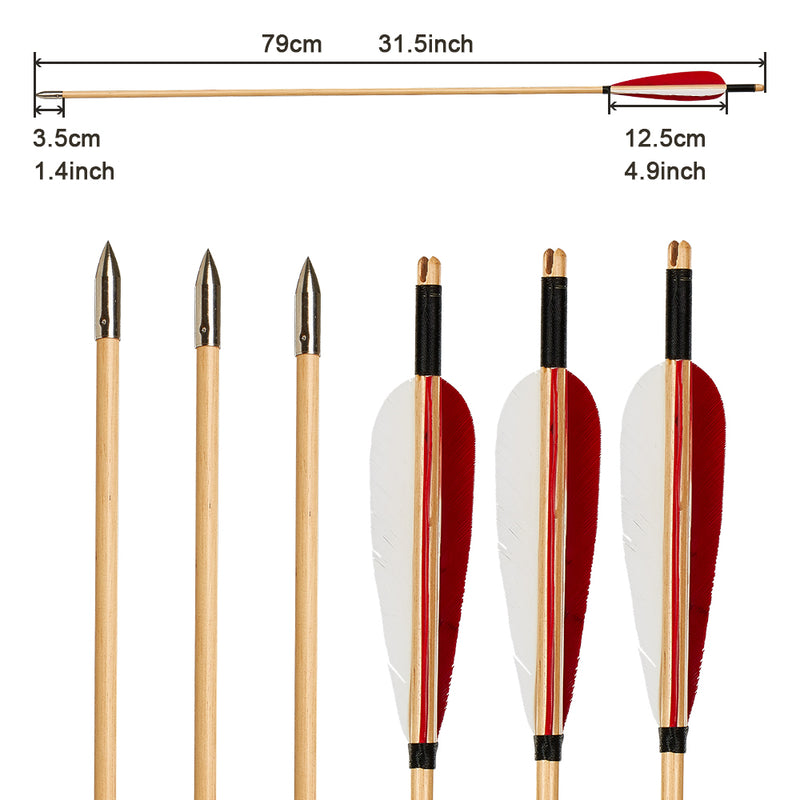 12x 31.5" 8.5mm Parabolic Red/White Feather Fletched Wood Archery Arrows with Field Points