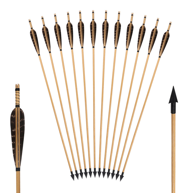 12x 31" 8mm Parabolic Natural Barred Feather Wood Archery Arrows with Broadheads