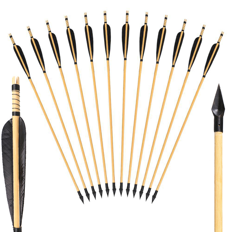 12x 31.5" Black Fletched Wood Arrows with Tapered Broadheads For Hunting