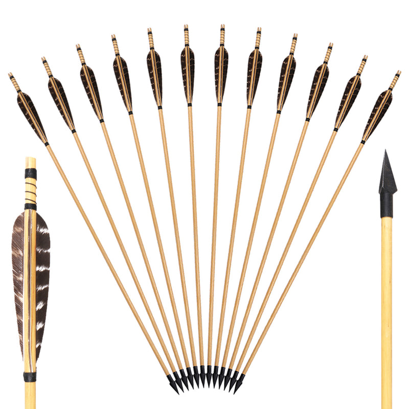 12x 31.5" Parabolic Natural Barred Feather Fletched Wood Archery Arrows with Tapered Broadheads
