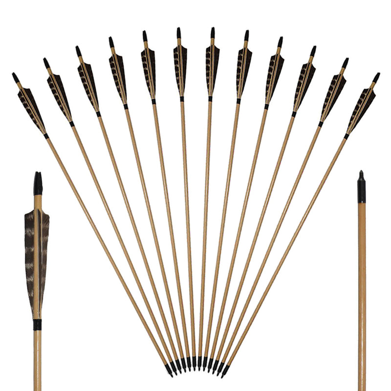 12x 32" Shield Natural Barred Feather Wood Archery Arrows with Plastic Nocks Field Tips