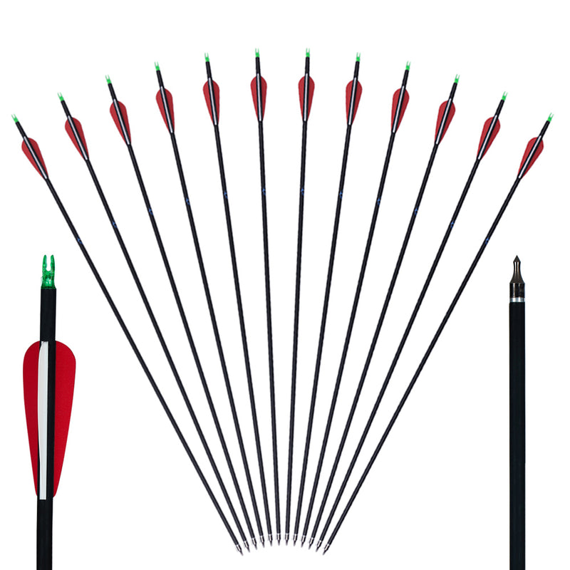 12x 31" OD 7.8mm ID 6.2mm Spine 500 Fletched Mixed Carbon Archery Arrows Replaceable Tips