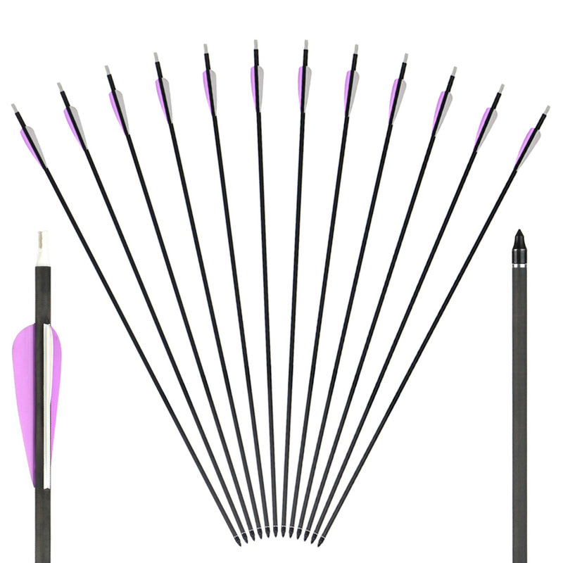 12x 31" OD 7.6mm ID 6.2mm Spine 350 Parabolic Purple Fletched Mixed Carbon Archery Arrows
