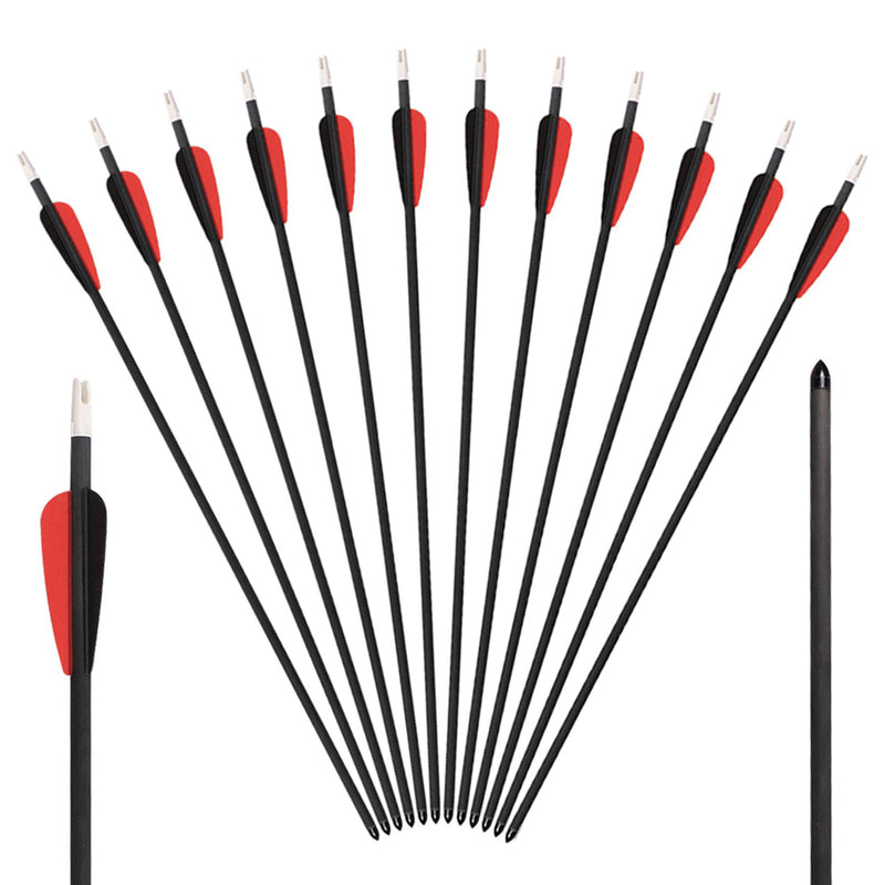 12x 24" OD 7mm Spine 250 Kids Black/Red Fletched Pure Carbon Archery Arrows for Compound