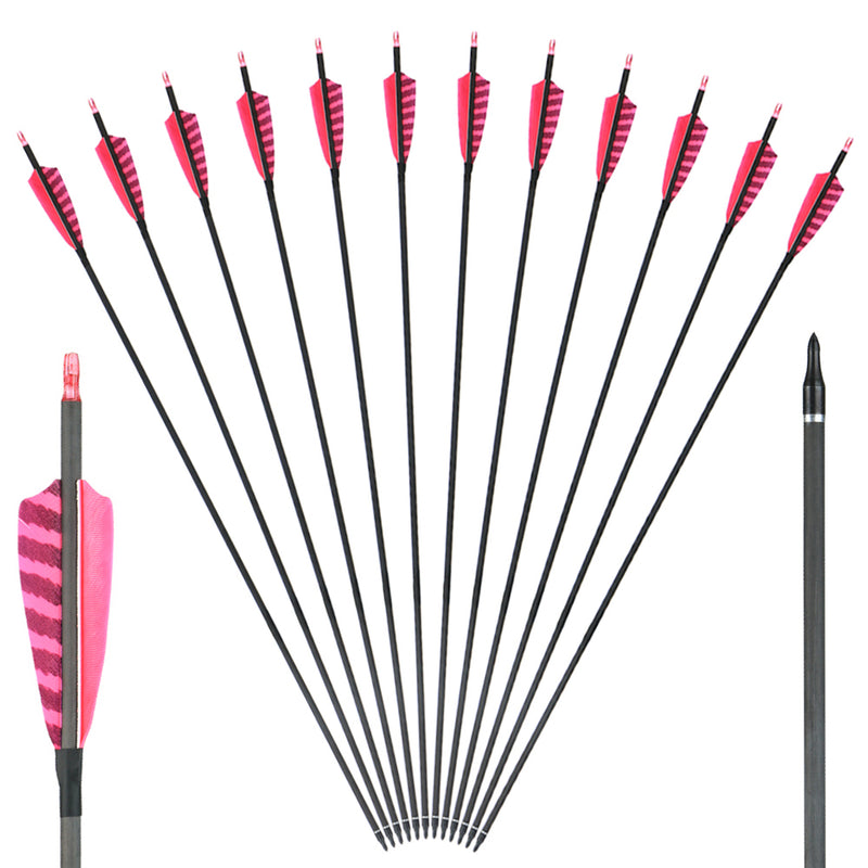 12x 33" OD 7.5mm Spine 400 Turkey Feather Red Barred Fletched Pure Carbon Archery Arrows