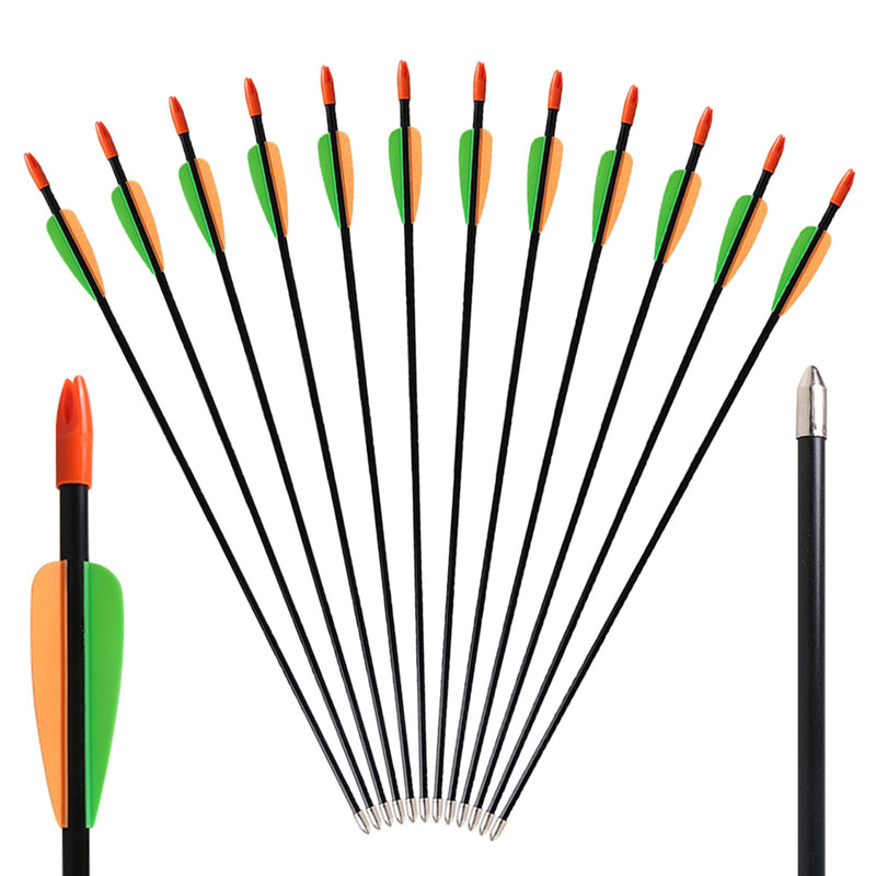 12x 28" OD 7mm Shaft Black Kids Fiberglass Archery Arrows Fixed Tips