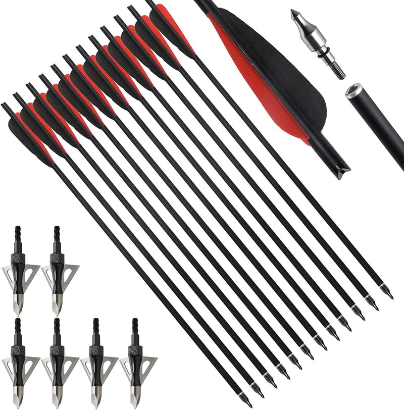 12X 20" Carbon Crossbow Bolts Arrows with 4" Vanes Replaced Arrowhead Tip with 6pcs 100grain Hunting Broadheads