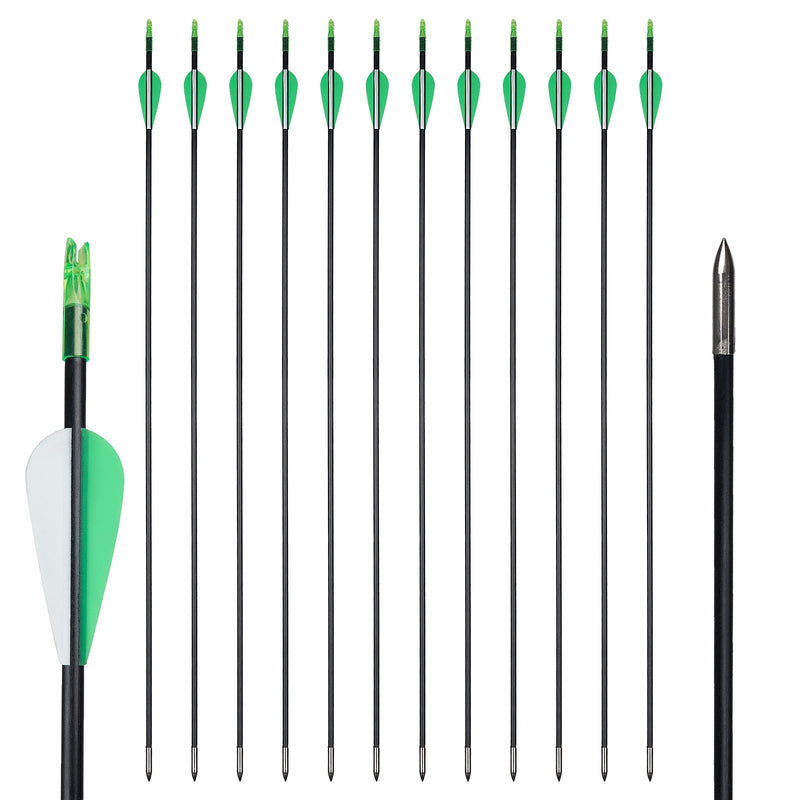 12x 31" Skinny Slim OD 6mm Spine 800 Black Green Fiberglass Archery Arrows for Recurve Bow Fixed Tips Over Nocks