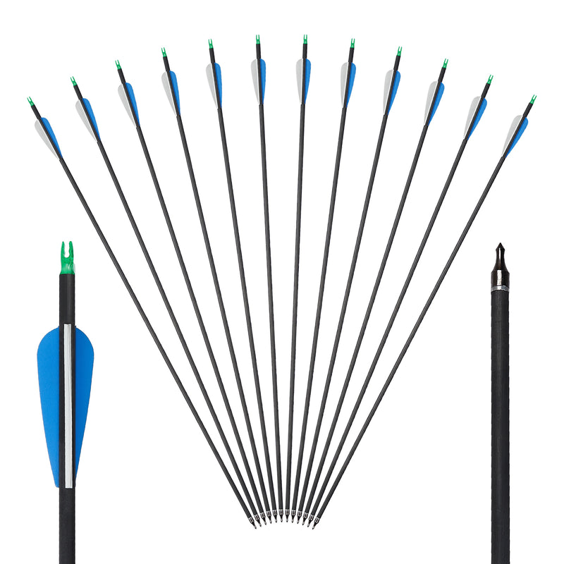 12x 31.5" OD 7.5mm ID 6.2mm Spine 400 Fletched Pure Carbon Archery Arrows Field Points