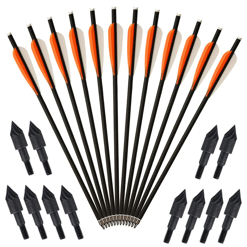 12x 16" Carbon Crossbow Bolts Archery Arrows with 12x Carbon Steel Spiral Arrowheads For Practice