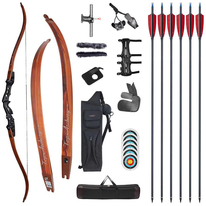 62" TopArchery ILF Bow 6x Carbon Arrows Bow Bag Quiver Laminated Takedown Recurve Archery Bow Wood Grain Limbs 19" Riser for Hunting Target 25-60lbs